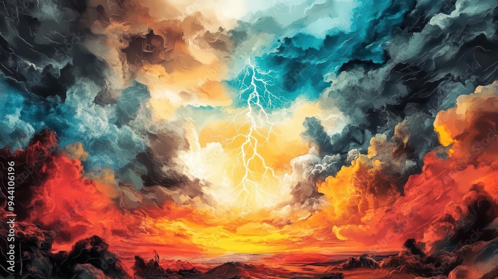 Fototapeta premium Dramatic storm clouds with lightning bolts and a bright sun breaking through.