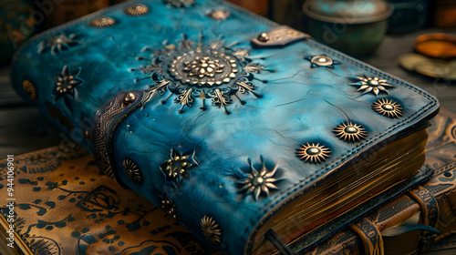 Blue Leather Journal with Embellishments - Closeup Photo