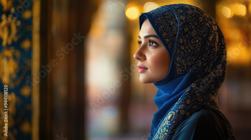 A contemplative woman in a blue headscarf admires the intricate design of a malaysian mosque's interior.