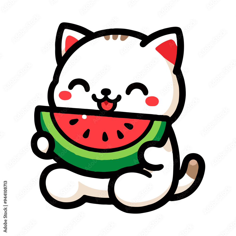 cute cat eating watermelon cartoon icon character cute cat eating watermelon cartoon icon character