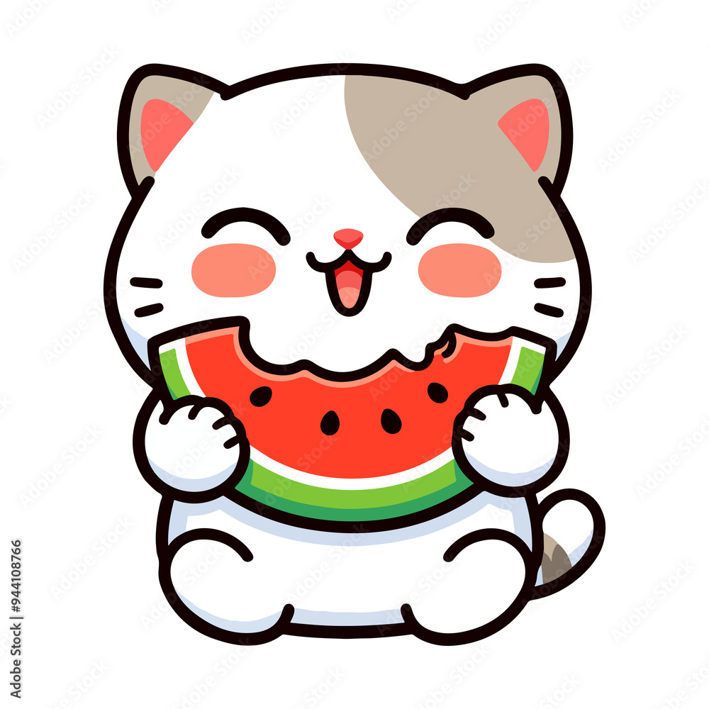cute cat eating watermelon cartoon icon character cute cat eating watermelon cartoon icon character
