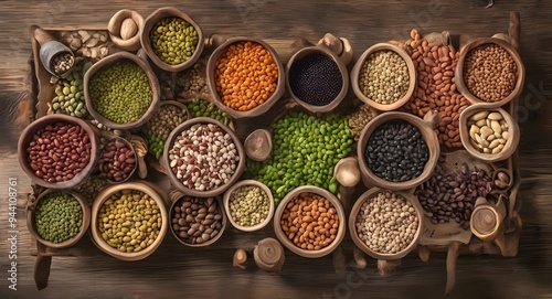 Assortment of organic superfoods in bowls includes raw peas beans wild rice lentils Goji berries cranberries couscous and linseeds on a white rustic background seen from above with copy space image 