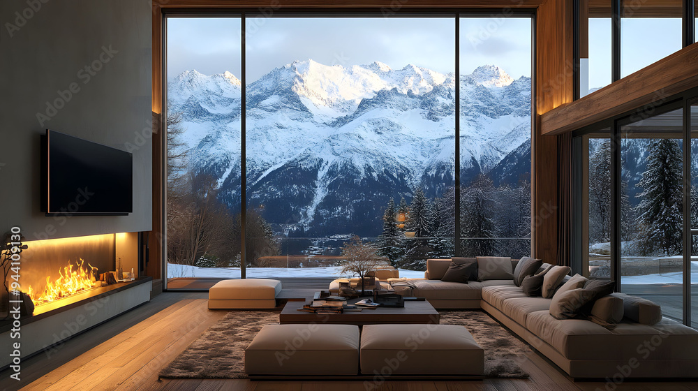 Cozy modern wooden ski chalet interior with mountain view during winter Cozy modern wooden ski chalet interior with mountain view during winter