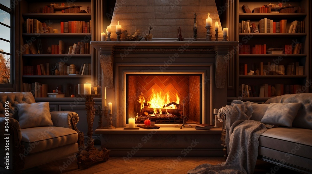 A photo of a cozy fireplace nook with built-in seating A photo of a cozy fireplace nook with built-in seating