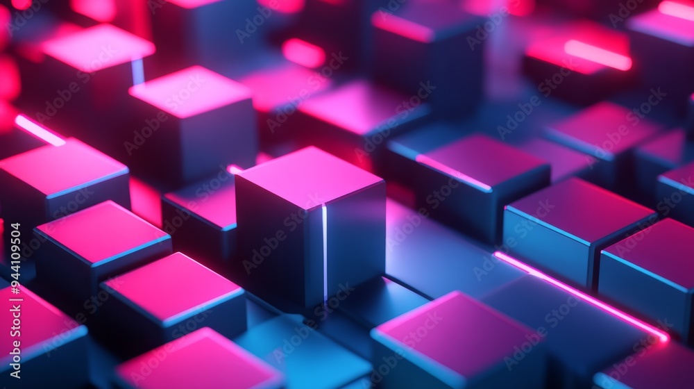 Neon Glow on Geometric Blocks, 3D Render, Abstract, Geometric, Neon Neon Glow on Geometric Blocks, 3D Render, Abstract, Geometric, Neon