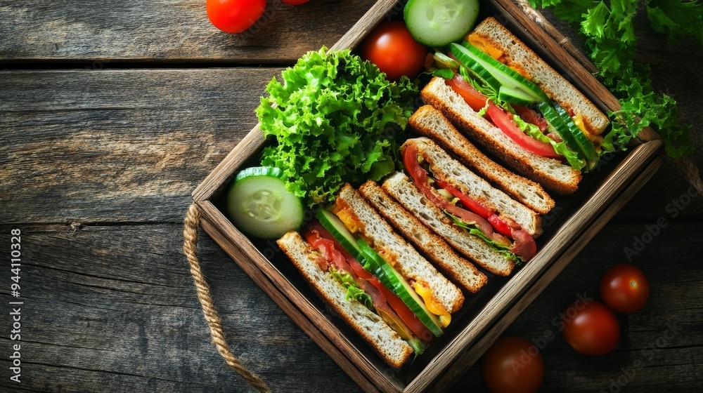Lunchbox with sandwiches, cucumbers, and tomatoes on a wooden table. Lunchbox with sandwiches, cucumbers, and tomatoes on a wooden table.