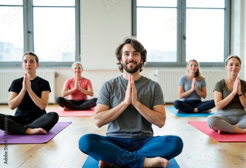 A group of five individuals, composed of both men and women, are sitting in a yoga studio, practicing mindfulness and meditation. They are seated in the cross-legged lotus position on yoga mats, with 