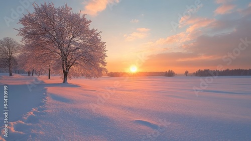 Wintry sunrise over fresh snow