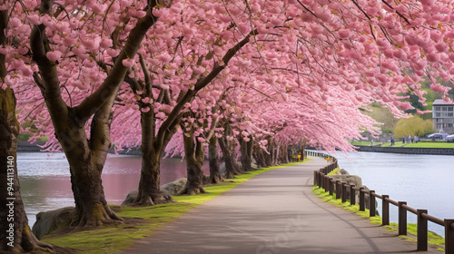 Cherry Blossom Trees Line a Scenic Waterfront Path