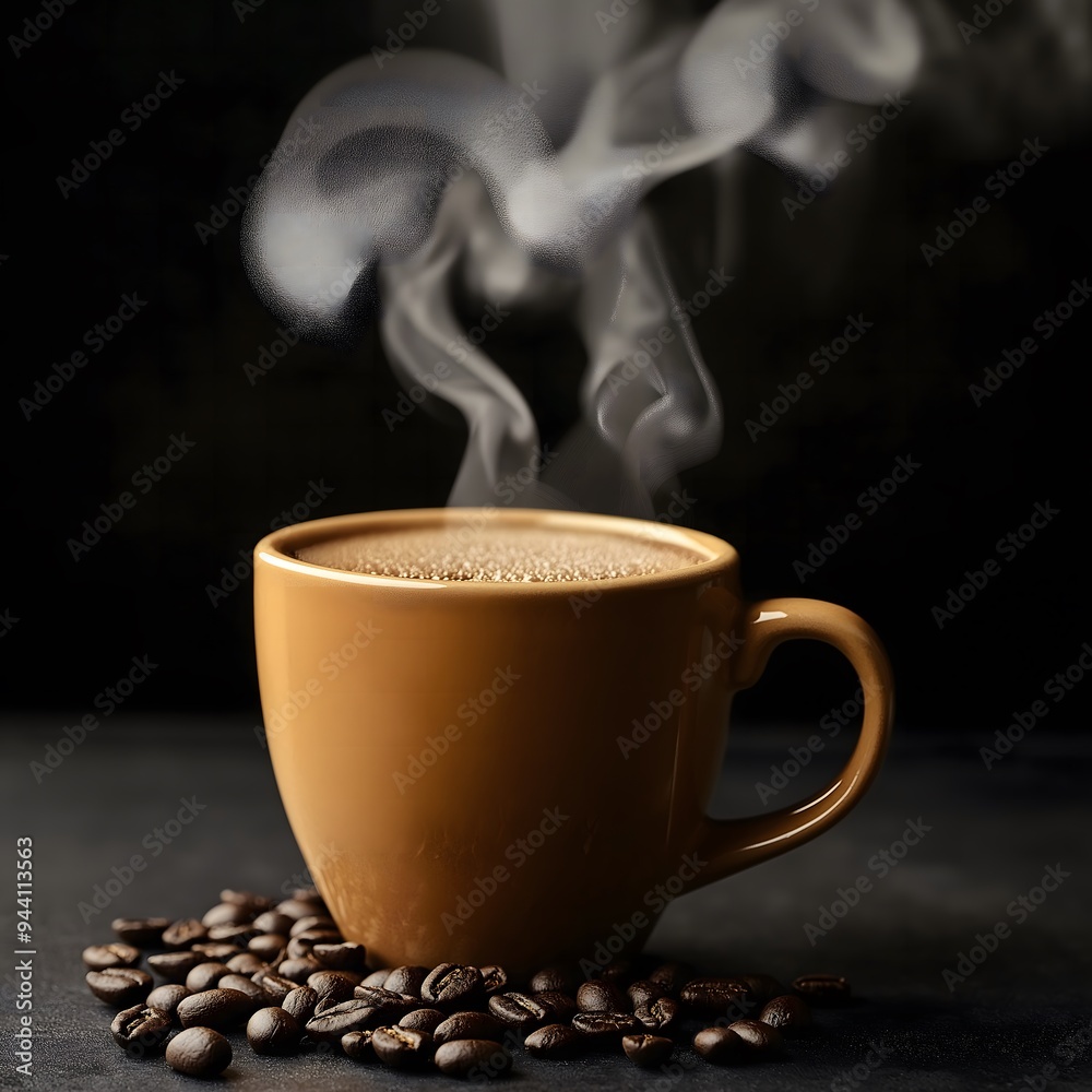 Cup of coffee with beans. Coffee mug with steam. Cup of coffee with beans. Coffee mug with steam.