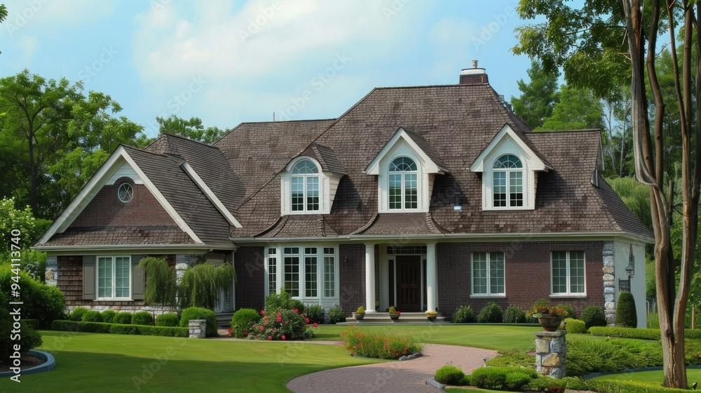 A large brown-roofed house with a manicured lawn and walkway A large brown-roofed house with a manicured lawn and walkway
