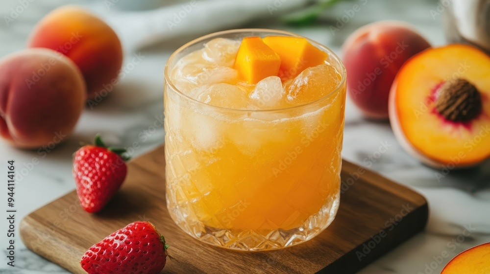 A Peach drink in a glass with ice in a marble kitchen. There are also fresh fruit, some cut up. The drink is on a brown cutting board, ready to serve A Peach drink in a glass with ice in a marble kitchen. There are also fresh fruit, some cut up. The drink is on a brown cutting board, ready to serve