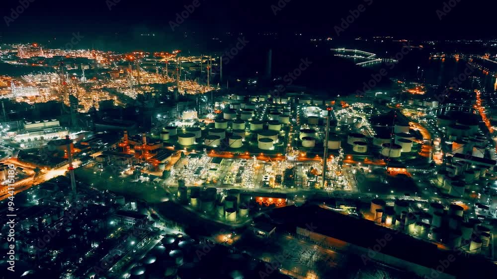 Oil factory, A huge oil refinery with metal structures, pipes and distillation of the complex with burning lights at dusk, Aerial view, logistics park Oil factory, A huge oil refinery with metal structures, pipes and distillation of the complex with burning lights at dusk, Aerial view, logistics park
