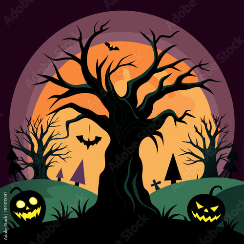 creepy silhouettes of bare trees with pumpkins lying around on a dark background illuminated by a bright moon