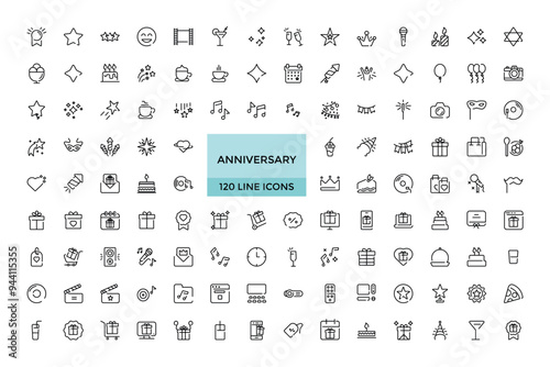 Anniversary and party line icons collection. Big UI icon set. Thin outline icons pack. Vector illustration