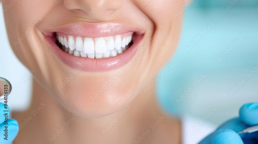 Naklejka premium Close-Up of Healthy White Smile with Dental Mirror Checkup