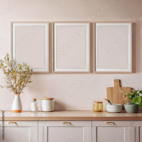 Mockup poster frames, parede branca cozinha estilo moderno com decoração clean. Render 3D.