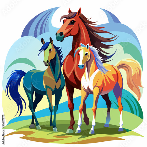 Three Horses Standing Together in a Field