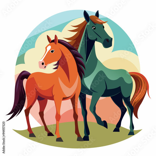 Two Horses Standing Together on a Green Meadow