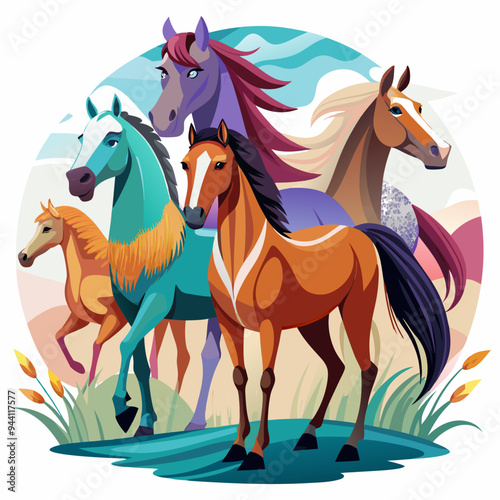 Four Colorful Horses in a Lush Meadow Landscape
