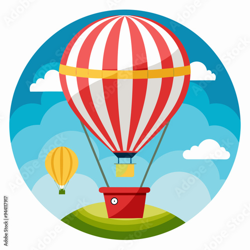 Red and White Striped Hot Air Balloon with Yellow Band and Basket in Blue Sky with White Clouds