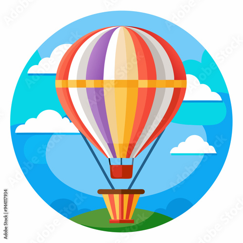 Colorful Hot Air Balloon Soaring Through Blue Sky
