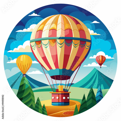 Hot Air Balloon Soaring Over Mountains and Fields