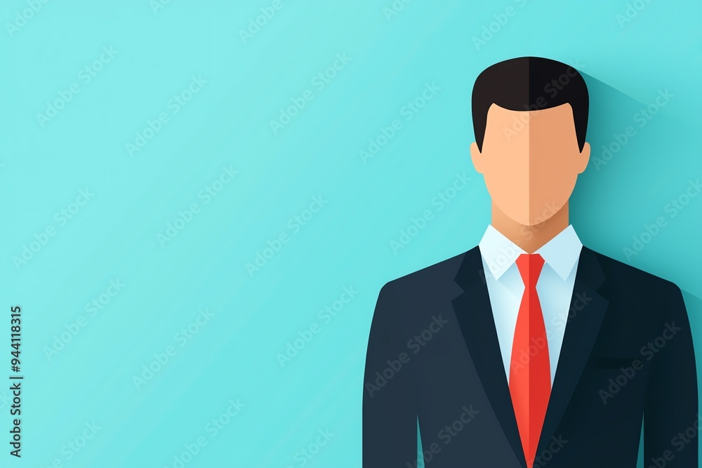 Illustration of a faceless businessman wearing a suit and red tie against a blue background, representing corporate culture and professionalism. Illustration of a faceless businessman wearing a suit and red tie against a blue background, representing corporate culture and professionalism.