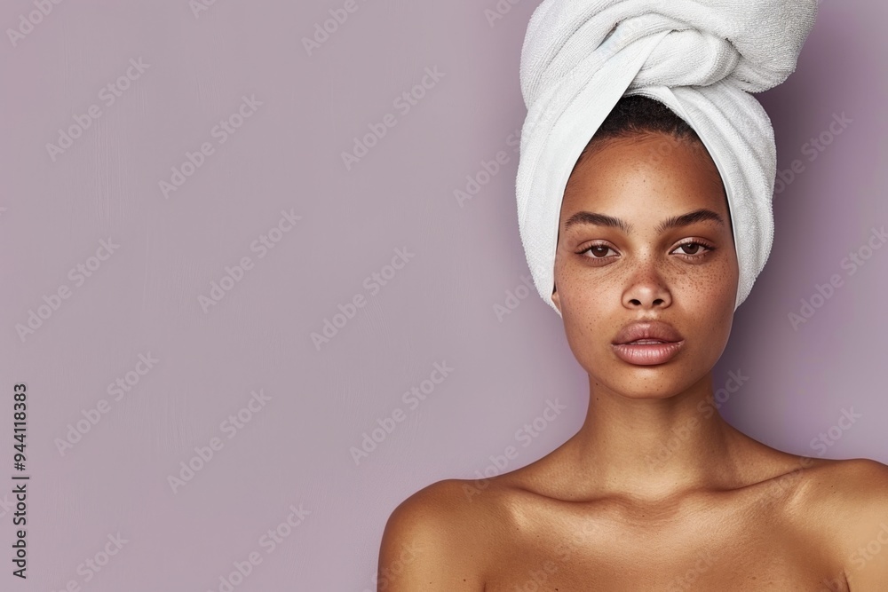 Radiant Natural Beauty Young Woman with Towel on Head Against Mauve Background Radiant Natural Beauty Young Woman with Towel on Head Against Mauve Background