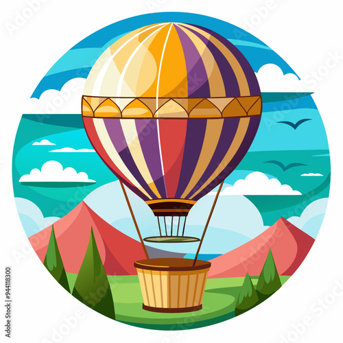 Colorful Hot Air Balloon Soaring Over a Mountainous Landscape
