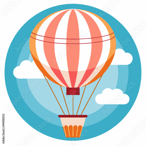 Striped hot air balloon with basket against blue sky with clouds