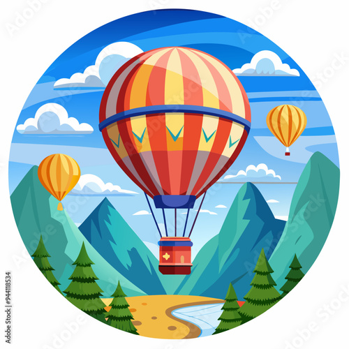 Hot Air Balloon Floating Above Mountain Range with a Blue Sky Background