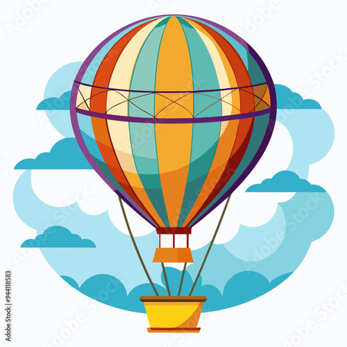 Colorful Striped Hot Air Balloon with a Basket Soaring Through the Clouds