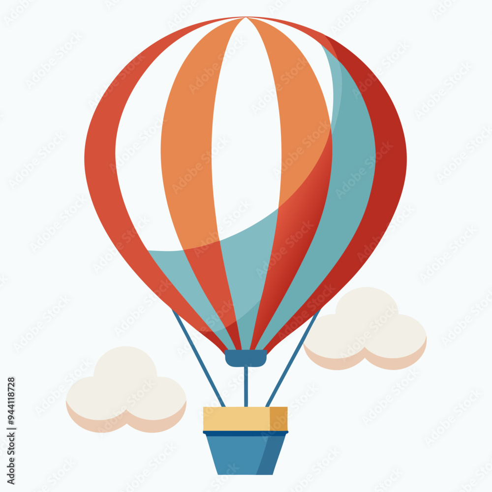 Fototapeta premium Cartoon hot air balloon with orange, red, and blue stripes, and clouds