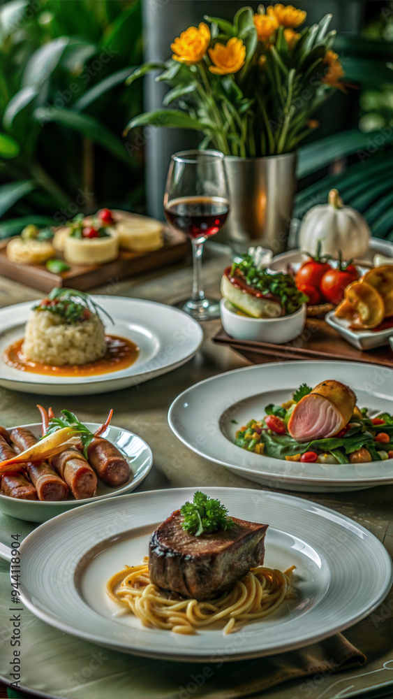 Luxurious Table Setting with Assorted Gourmet Dishes on Elegant White Plates in a High-End Restaurant Luxurious Table Setting with Assorted Gourmet Dishes on Elegant White Plates in a High-End Restaurant