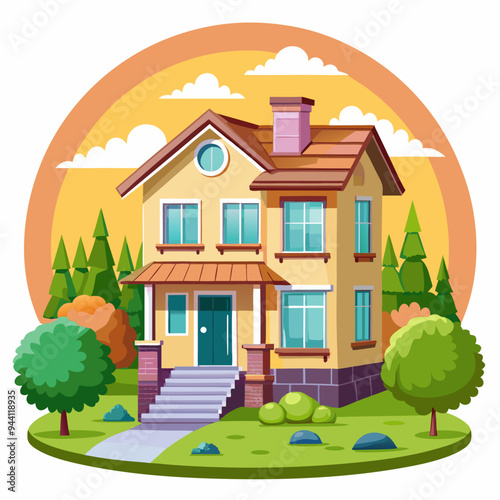 Two-Story House with a Front Porch and Surrounding Greenery