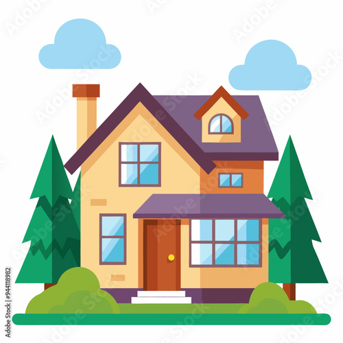 Cartoon Illustration of a Two-Story House with a Yard and Trees