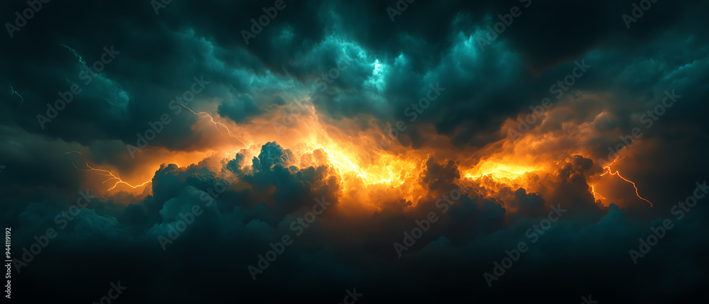 Fototapeta premium Lightning bolts illuminating a dark sky during a heavy storm, extreme weather, intense energy