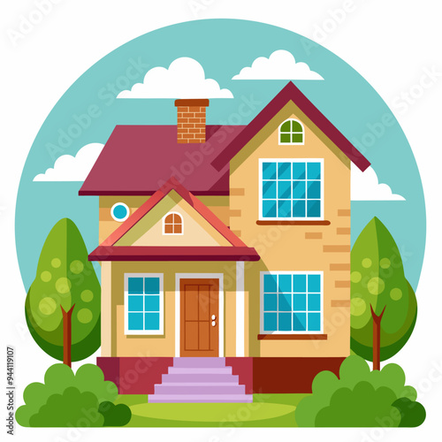 Two-story house with a red roof and a yard in front