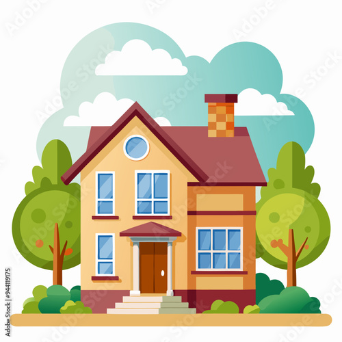 Two-story house with brown door and chimney in front yard