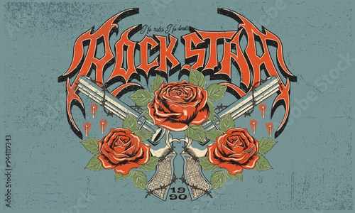 World music tour poster. Hard rock logo design. Barbed Wire with gun. Gun with rose flower artwork. Rock and roll vector graphic print design for apparel, posters, background and others. Wild spirit.