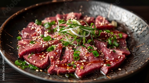 plated dish of bulgogi sliced beef marinated in sauce, garnished with sesame seeds and green onions