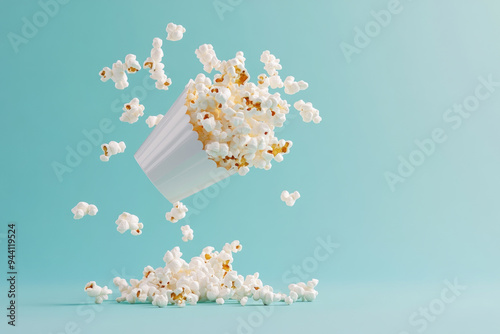 A dynamic image of popcorn spilling from a white container against a teal background, perfect for food or snack themes. photo