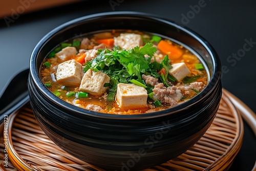 A bowl of Gaeng Jued, a mild, clear soup with tofu, minced pork, and vegetables, perfect for a light meal photo