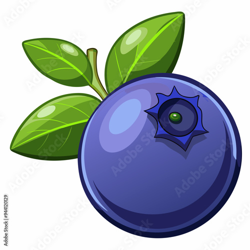 Single Blueberry with Green Leaves