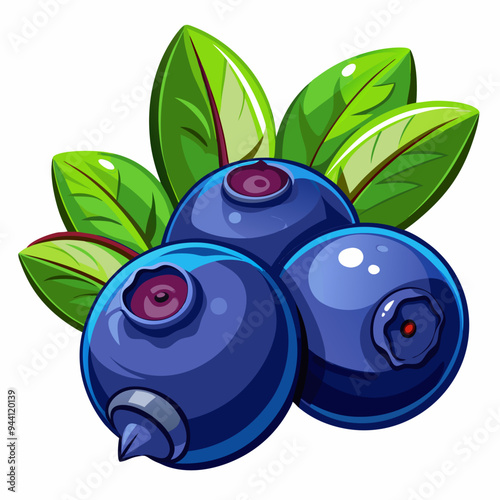 Three Blueberries with Green Leaves