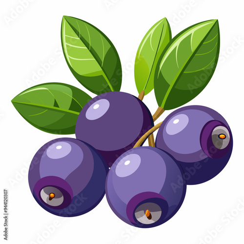 Cartoon Illustration of Four Blueberries with Green Leaves