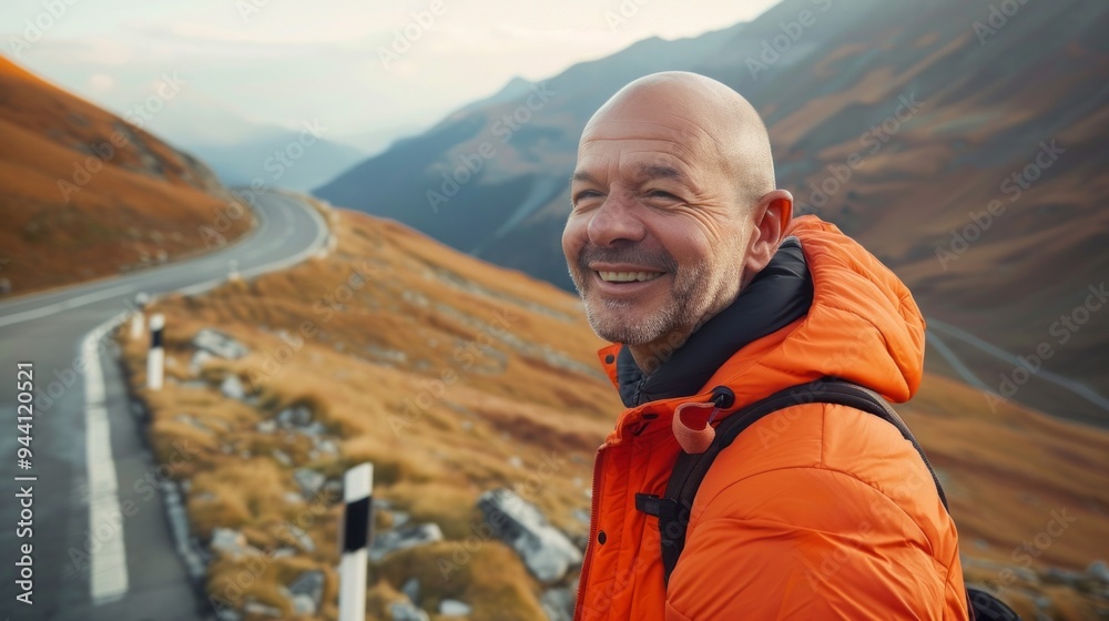 A man in an orange jacket is smiling and standing on a road A man in an orange jacket is smiling and standing on a road