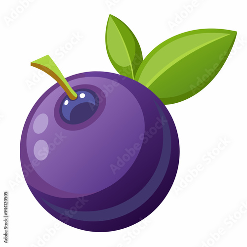 A Single, Ripe Blueberry with Two Green Leaves
