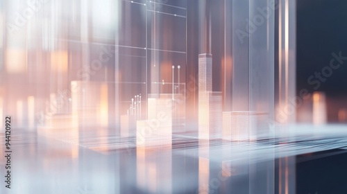 A 3D bar chart with transparent bars overlaid on a digital grid  representing sales figures with clear labels and axis markers  set against a light background.